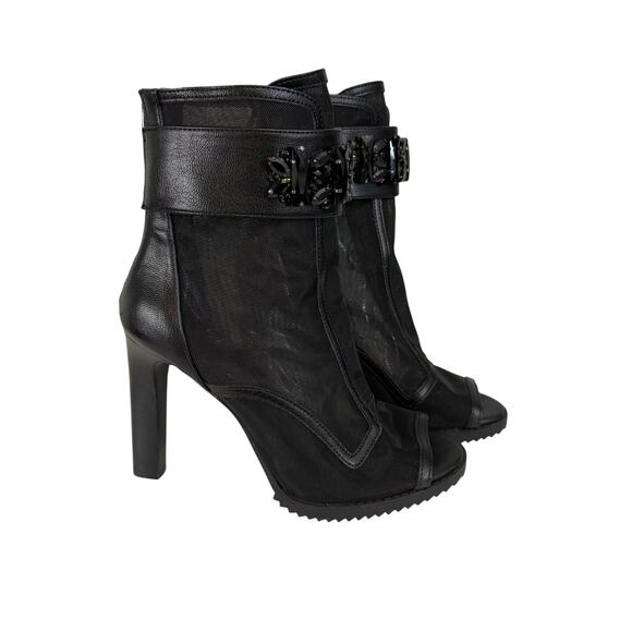 Karl Lagerfield Paris Booties 7M Black Mesh Blayze Jewel Ankle Strap Peep Toe - Picture 1 of 12